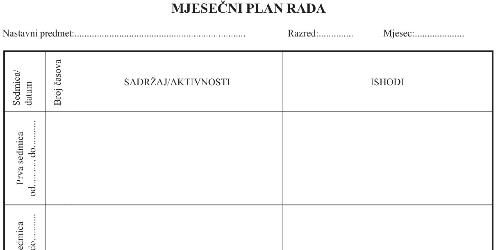 Isječak obrasca 16-B-1-1: naslov „Mjesečni plan rada“ i kolone Sedmica/datum, Broj časova, Sadržaj/aktivnosti i Ishodi