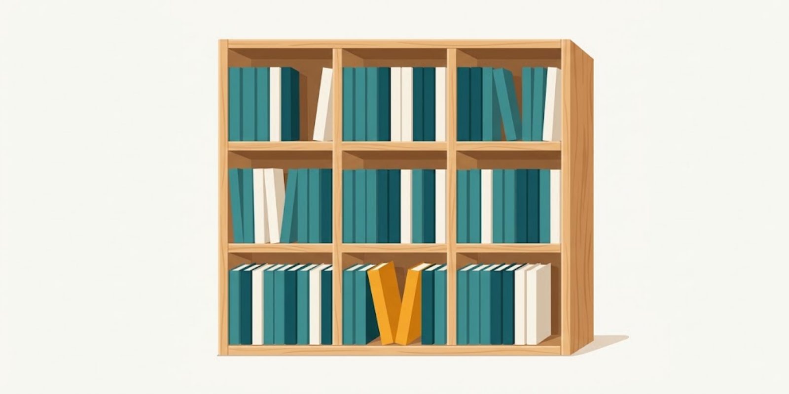 Ilustracija: drvena polica s devet pregrada punih tankih knjiga u tirkiznim i krem bojama, a u donjoj srednjoj pregradi dvije narandžaste knjige nagnute jedna prema drugoj